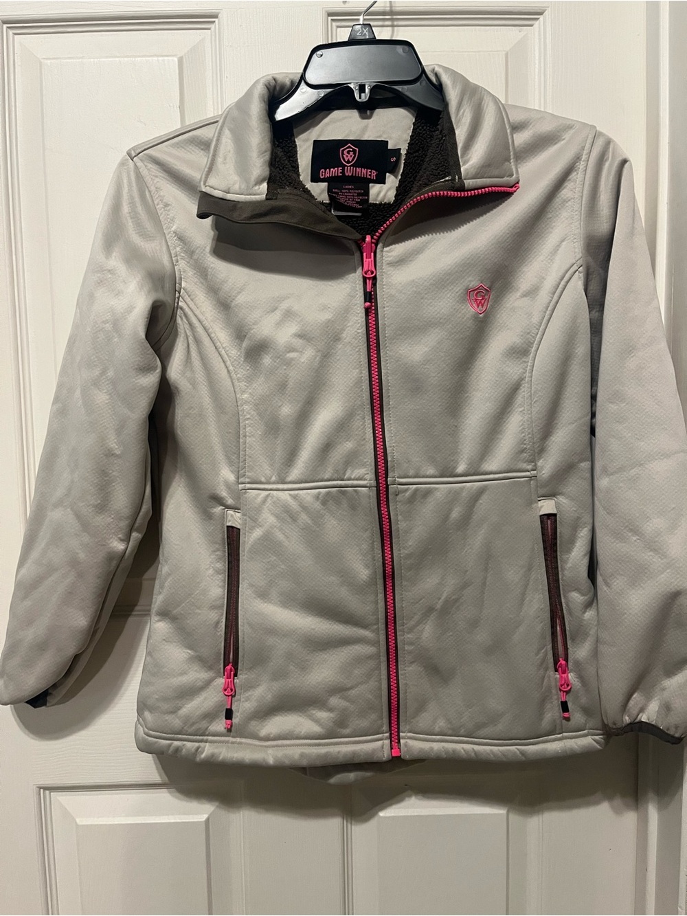 Game Winner Women's Light Gray Softshell Jacket with Pink Trim